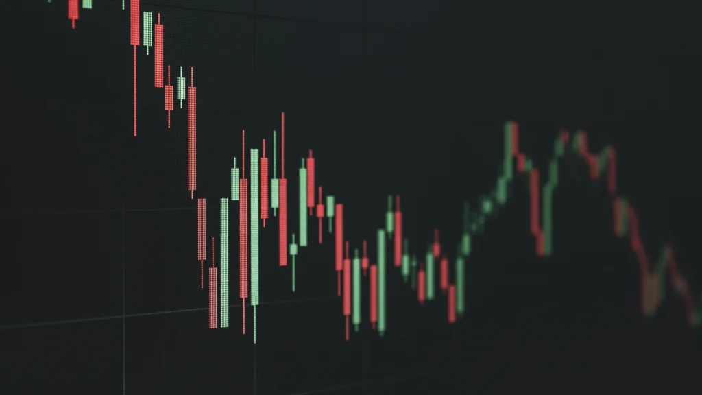 Gráfico de velas financieras con líneas verdes y rojas representando volatilidad de mercados