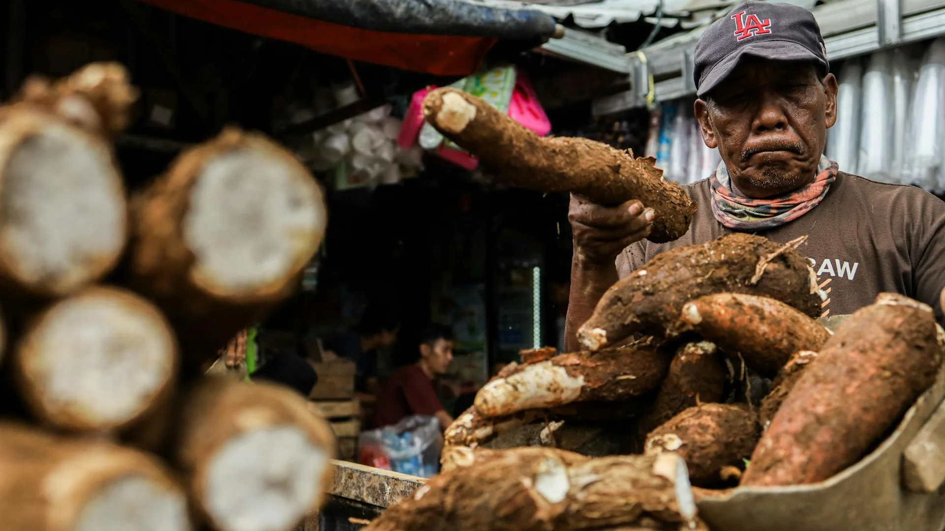 Vendedor de yuca en mercado tradicional — base alimentaria taína antes de las musáceas dominicanas