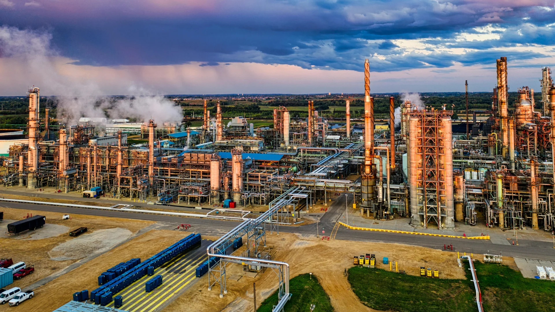 Complejo industrial petroquímico bajo cielo nublado — el proceso Haber-Bosch que sintetiza urea y amoníaco requiere gas natural como materia prima insustituible